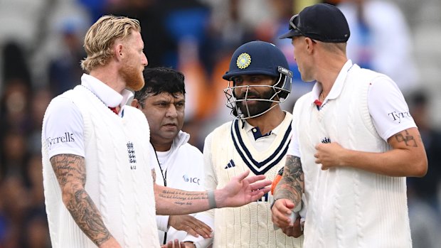 Ben Stokes (left) and Ravindra Jadeja exchange words at the end of the fourth Test.