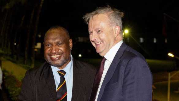 Prime Minister Anthony Albanese and Papua New Guinea Prime Minister James Marape at the National Parliament of Papua New Guinea in Port Moresby on Monday evening.
