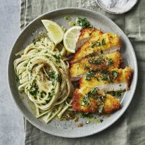 Crumbed chicken with herb and garlic butter pasta.