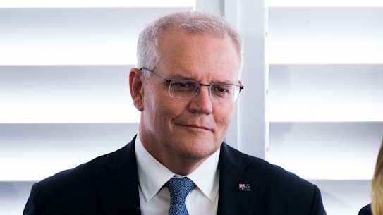 Election campaign. Australian Prime Minister Scott Morrison visits The Epping club to announce upgrades to Epping Bridge, in the seat of Bennelong. The Federal election will be held on Saturday 21st May 2022.. Photographed Tuesday 10th May 2022. Photograph by James Brickwood. SMH 220510. Ausvotes22. With Simon Kennedy - Liberal candidate for Bennelong, NSW Premier Dominic Perrottet, MP Paul Fletcher and MP Stuart Robert. 