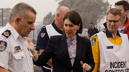 NSW Premier Gladys Berejiklian and RFS Deputy Commissioner Rob Rogers visit The Darling Causeway, Mt Victoria which was affected by recent bushfires.