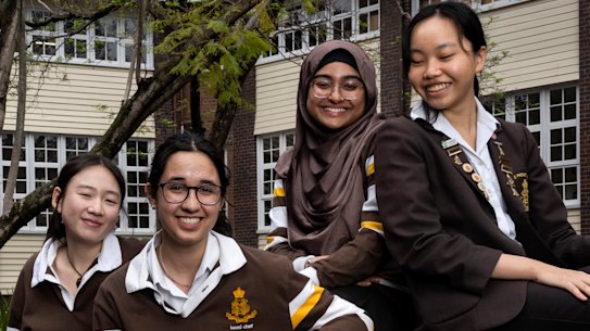 Sydney girls HSC students Ally Xie, Sofia Malik, Rozana Abonty and Stephanie La following their completion of the HSC English advanced paper 1 exam. Sydney Girls High.