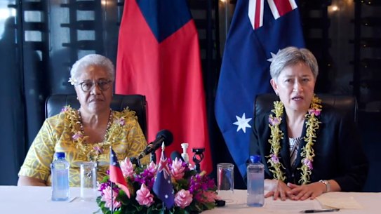 Australian Foreign Minister Penny Wong, right, holds a joint press conference with Samoan Prime Minister Fiame Naomi Mata’afa in Apia, Samoa.