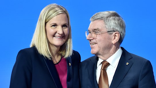 COSTA NAVARINO, GREECE - MARCH 20: Kirsty Coventry speaks with Outgoing IOC President, Thomas Bach, after being elected as the new IOC President on Day Two of the 144th International Olympic Committee (IOC) Session on March 20, 2025 in Costa Navarino, Greece.  (Photo by Milos Bicanski/Getty Images)