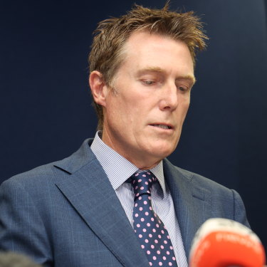 Christian Porter at the press conference in March last year in which he denied the rape allegations against him.