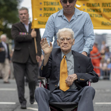 WWII Private Noel Pilcher is seen during the Anzac Day parade in Brisbane last year. Sadly, there will be no parade this year. 