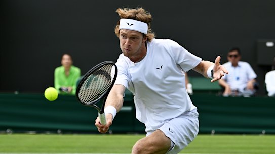 Andrey Rublev plays a backhand against Australia’s Max Purcell on Monday.