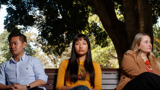 Jeremy Wong, 22 (left), Sei Shin, 20, (centre) and Clare Fitzgerald, 22, are among the two in five young adults who are lonely.