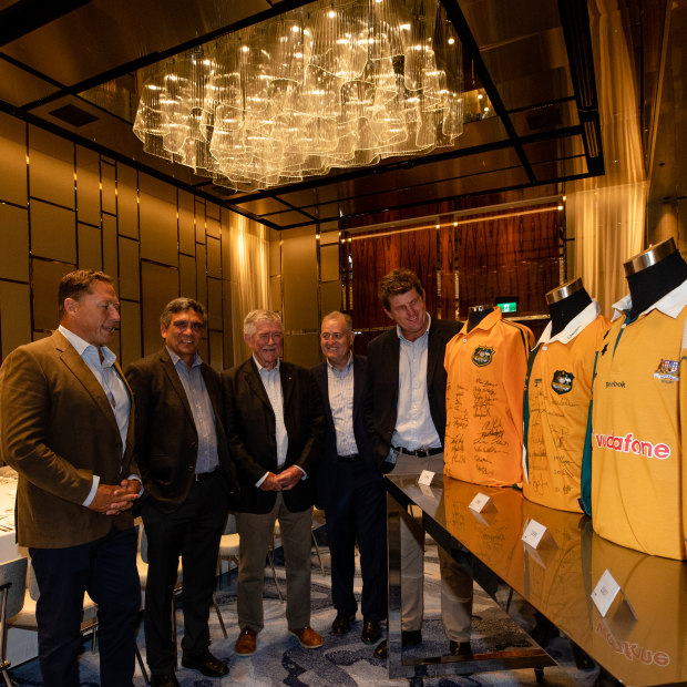 Rugby legends mull over which jersey to pick as permanent Wallabies colours.  From left, Phil Kearns, Gary Ella, Bob Dwyer, David Campese and Tim Gavin.