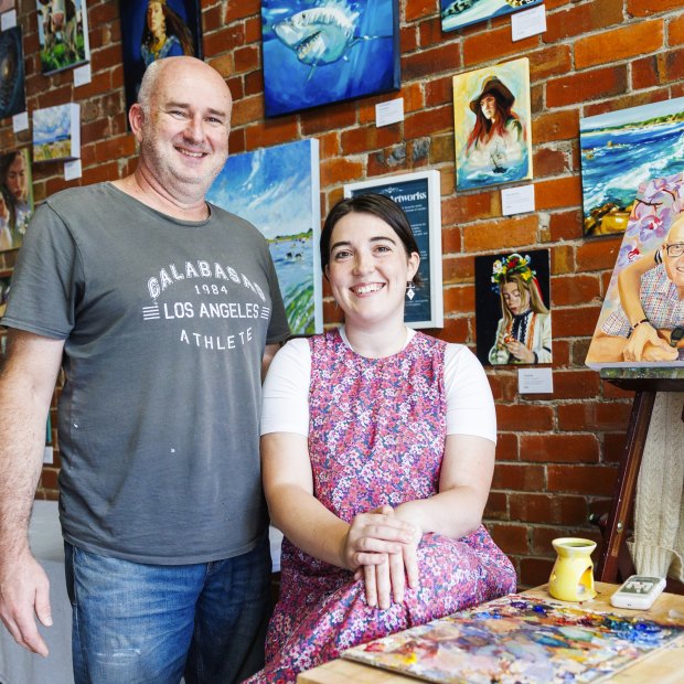 Rachel Grove in her Camberwell art studio with her partner Reinier Krol who is setting up a micro-bakery in the shop next door.