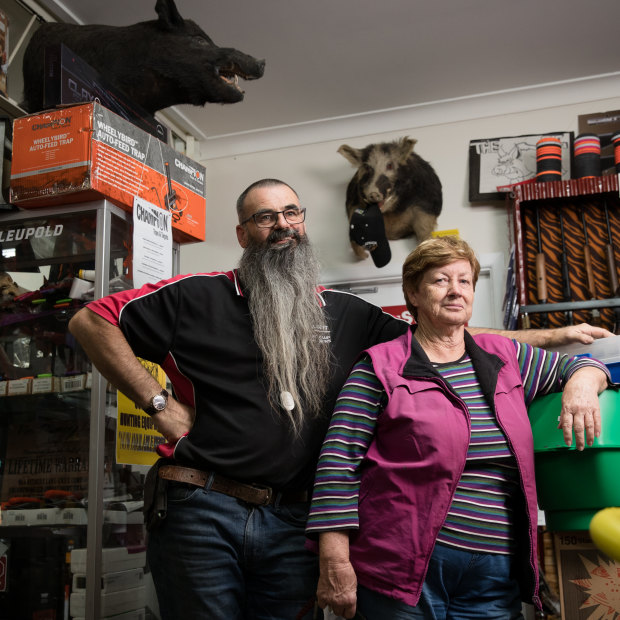 "Everyone feels pretty empty and we feel it in the shop":  Dave Thwaites and Merilyn Bradley in the newsagent and gun shop in Walgett.