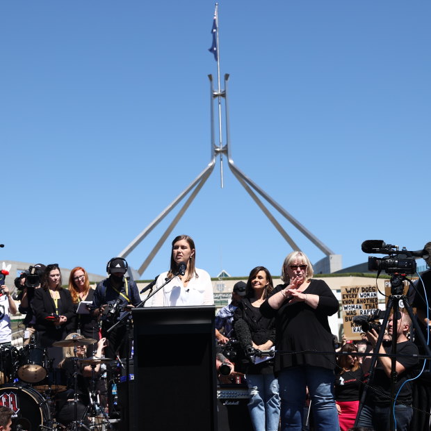 Brittany Higgins speaks at the March 4 Justice protest to rally against the Australian Parliament’s ongoing abuse and discrimination of women in Australia at Parliament House in Canberra on March 15.