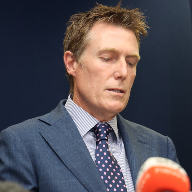 Christian Porter at the press conference in March last year in which he denied the rape allegations against him.