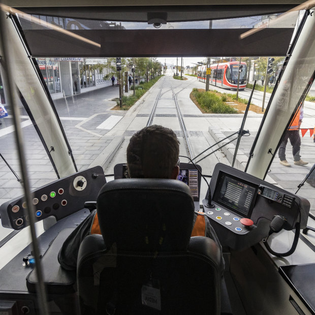 The driver's view of the new light rail in Canberra, which opened on April 20. 