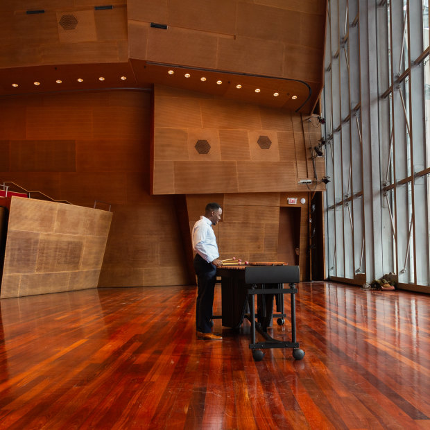 Joshua Jones plays the marimba at Jay Pritzker Pavilion in Chicago.