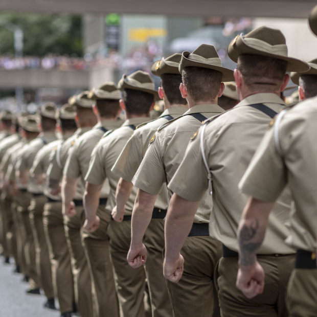 Soldiers march during the Anzac Day parade in Brisbane.