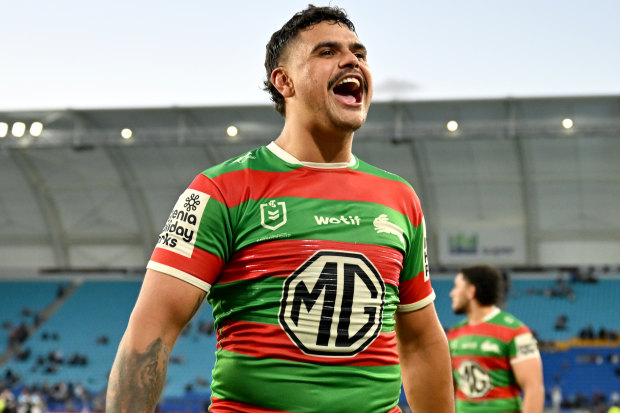 Latrell Mitchell celebrates a South Sydney try.