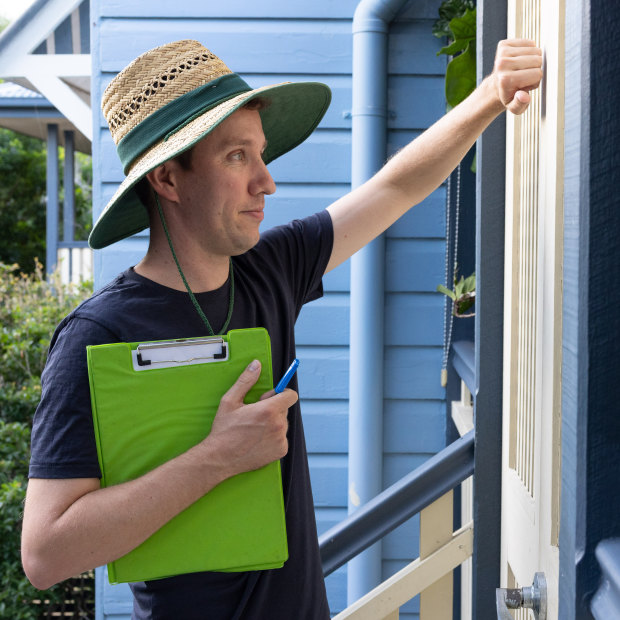 Max Chandler-Mather
door-knocking in his Brisbane
electorate. While many might
not agree with him, says one
observer, “If you ask them the
question, ‘Do you think he
cares?’ the answer is,
‘Yes, absolutely.’ ”