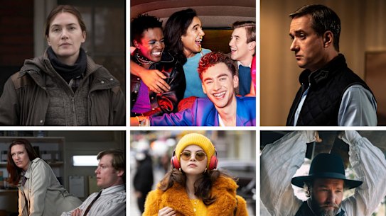 The best shows of 2021. Clockwise from top left: Mare of Easttown, It’s a Sin, Succession, The Underground Railroad, Only Murders in the Building and The Newsreader. 