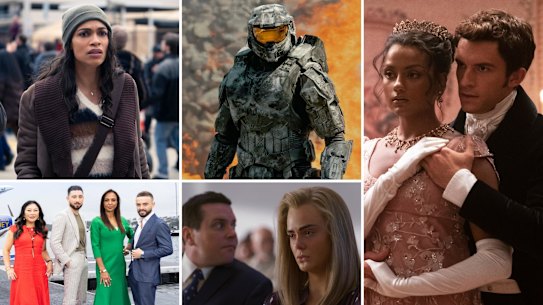 Shows to watch in April. Clockwise from top left: DMZ, Halo, Bridgerton, The Girl From Plainville and Luxe Listings Sydney. 