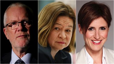 ABC chairman Justin Milne, former managing director Michelle Guthrie, and ABC chief economics correspondent Emma Alberici. 