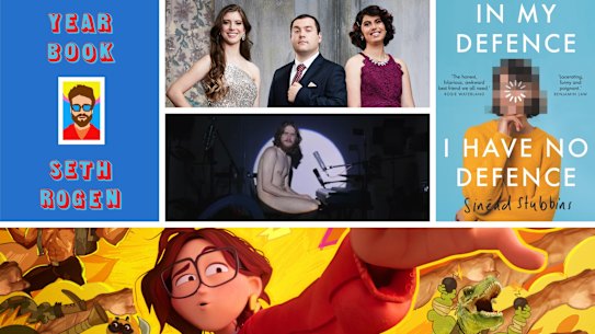 Comforting culture, clockwise from top left: Seth Rogen’s Yearbook, Love on the Spectrum, Sinead Stubbins’ In My Defence I Have No Defence, The Mitchells vs The Machines and Bo Burnham’s Inside. 