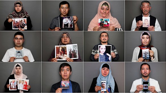 Uighur residents in Australia holding up photos of relatives who are missing, in internment camps or have passed away.