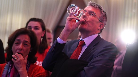 Labor frontbencher Mark Dreyfus with other party supporters in Melbourne, on Saturday.