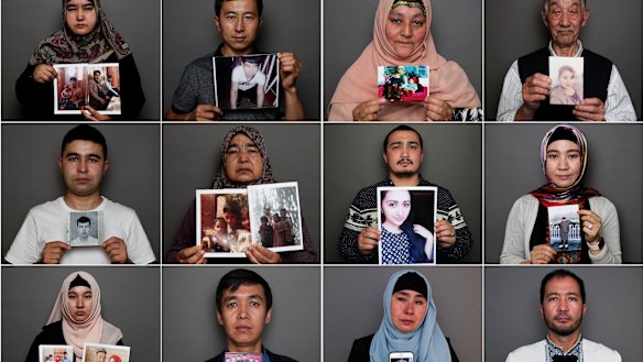 Uighurs in Australia hold up photos of relatives who are in internment camps, are missing or have passed away.