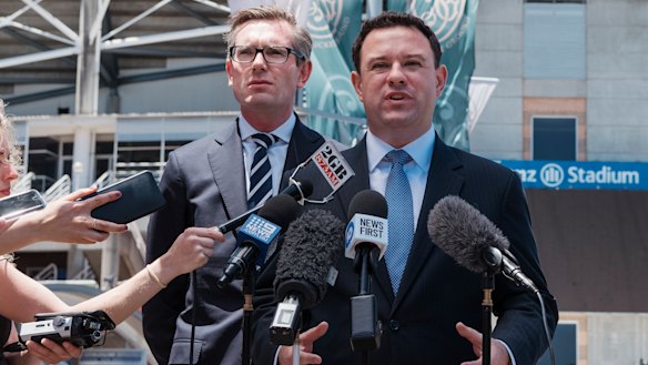 NSW Treasurer Dominic Perrottet and Minister for Sport Stuart Ayres discuss the demolition of the stadium.