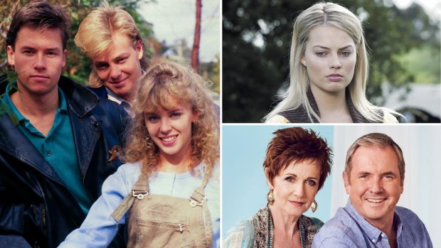 Stars of Neighbours: Guy Pearce, Jason Donovan, Kylie Minogue, Margot Robbie, Alan Fletcher and Jackie Woodburne.