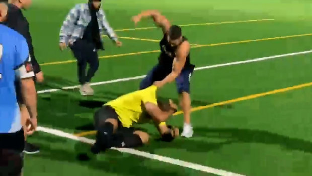 A video shows referee Khodr Yaghi being punched by a spectator in south-west Sydney.