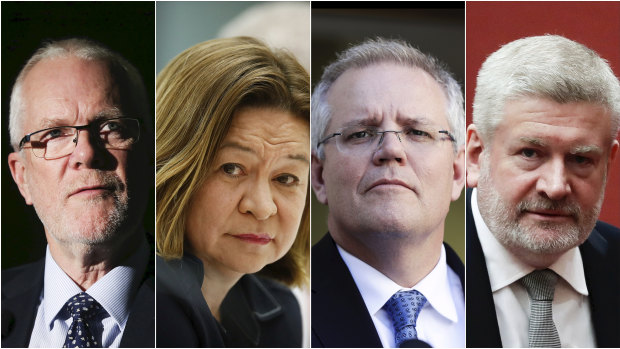 Former ABC chairman Justin Milne, former ABC managing director Michelle Guthrie, Prime Minister Scott Morrison and Communications Minister Mitch Fifield. 