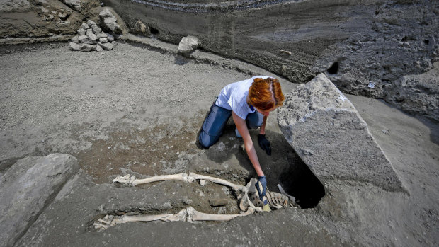 Anthropologist Valeria Amoretti works with a brush on a skeleton of a victim of the eruption of Mt Vesuvius in A.D 79, which destroyed the ancient town of Pompeii, near Naples.