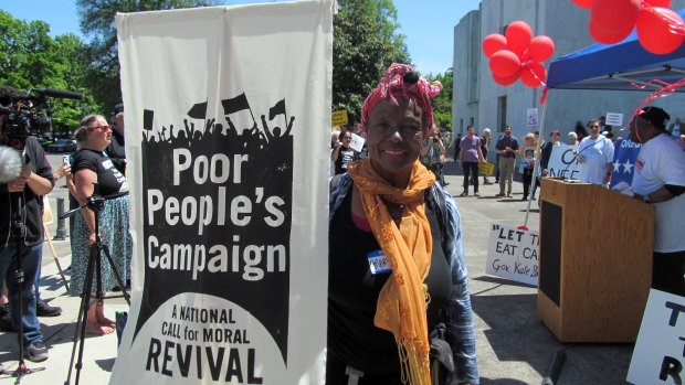 An Oregon activist at the Poor People's Campaign rally in Oregon on Monday.