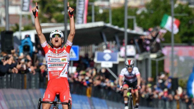 Italy's Fausto Masnada celebrates his triumph in stage six of the Giro d'Italia.