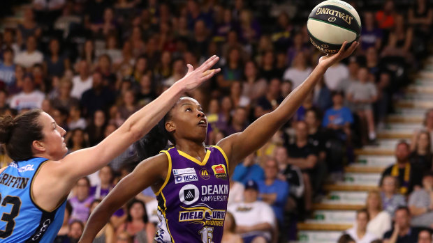 Fast break: Boomers' Lindsay Allen drives to the basket during the WNBL semi-final against the Capitals at the State Basketball Centre in Melbourne.