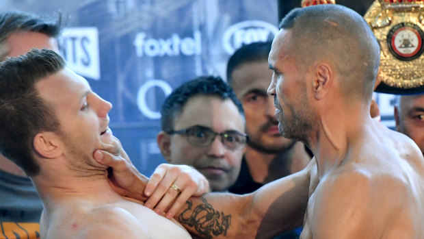 Fired up: Jeff Horn and Anthony Mundine clash in Brisbane.