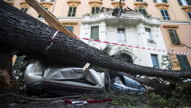 A car is crushed under a fallen tree and a balcony is partially destroyed by a branch after the tree was torn down by heavy winds, in Rome.