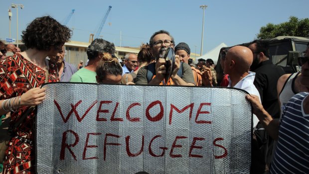 Demonstrators protest against Italy's Deputy Prime Minister and Minister of the Interior Matteo Salvini during his visits to a so-called ‘’hot spot” in the Sicilian port of Pozzallo.