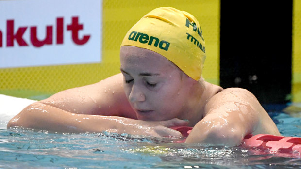 Big improver: Ariarne Titmus appears dejected after finishing second in the women's 400m freestyle final.
