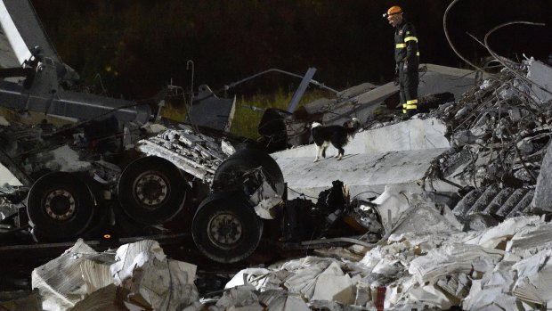 Rescue teams search for survivors in the rubble.