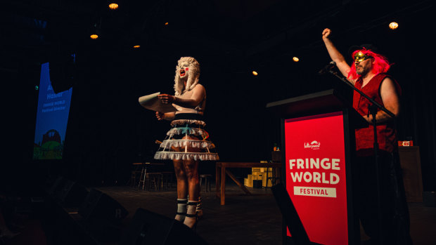 Climate protesters disrupt the launch of the annual Fringe World festival at the Ice Cream Factory in Perth. 