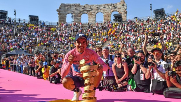 Ecuador's Richard Carapaz celebrates his Giro d'Italia victory.