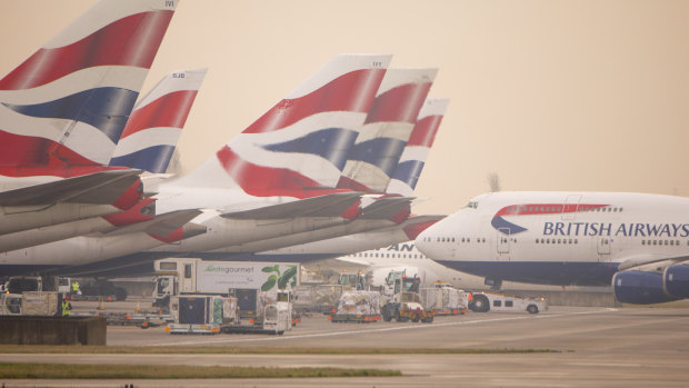 British Airways planes at London Heathrow Airport.