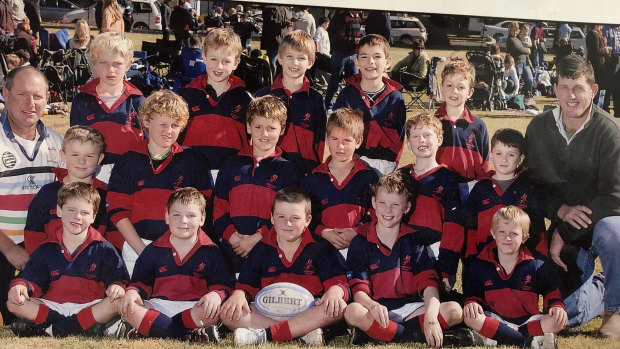 Harry Wilson, (middle row, second from left), in the Gunnedah under 9s. Former Wallaby Tim Gavin (middle row, far right) was a co-coach.