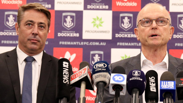 Fremantle president Dale Alcock (right) in August with outgoing CEO Steve Rosich.