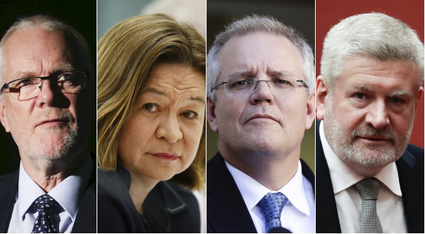 Former ABC chairman Justin Milne, former ABC managing director Michelle Guthrie, Prime Minister Scott Morrison and Communications Minister Mitch Fifield. 