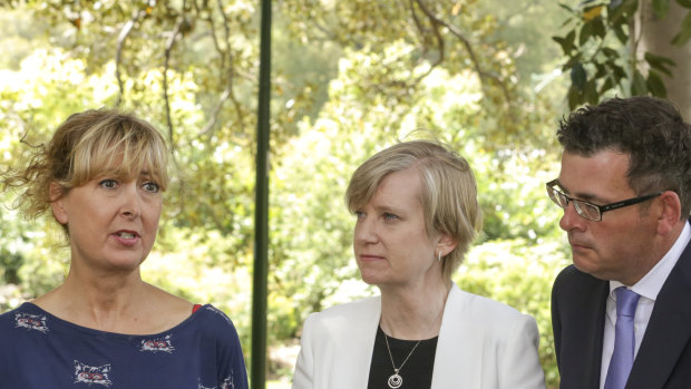 Premier Daniel Andrews and the late Minister for Women Fiona Richardson announce the terms of reference for the Royal Commission, alongside Fiona McCormack, CEO of Domestic Violence Victoria.
