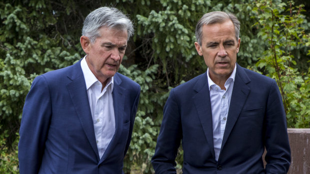 Federal Reserve chairman Jerome Powell with Bank of England governor Mark Carney at the Jackson Hole symposium.